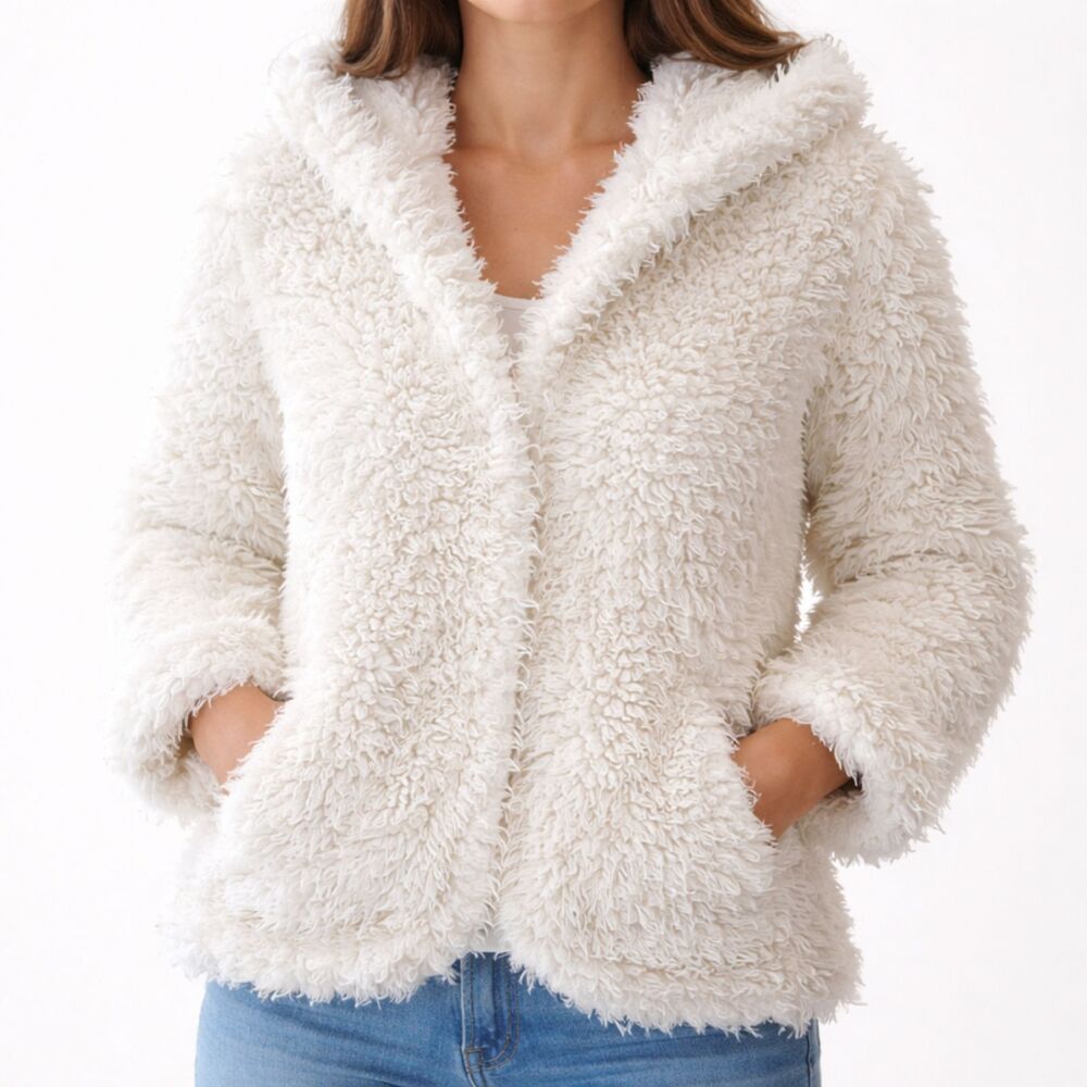 Free People One Zuri Parka Womens Small Cream Fuzzy Teddy Hooded Jacket